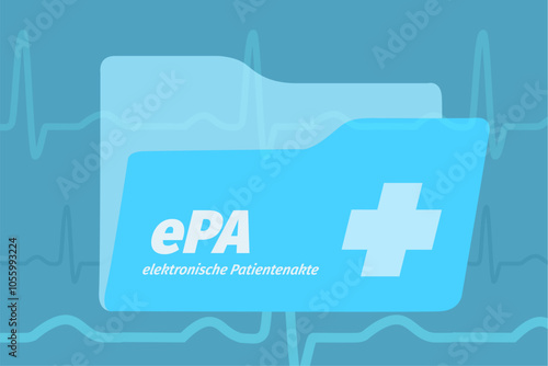 Visualisation of the new unified German "elektronische Patientenakte ePA" (electronic patients record) with a file folder and ECG waves