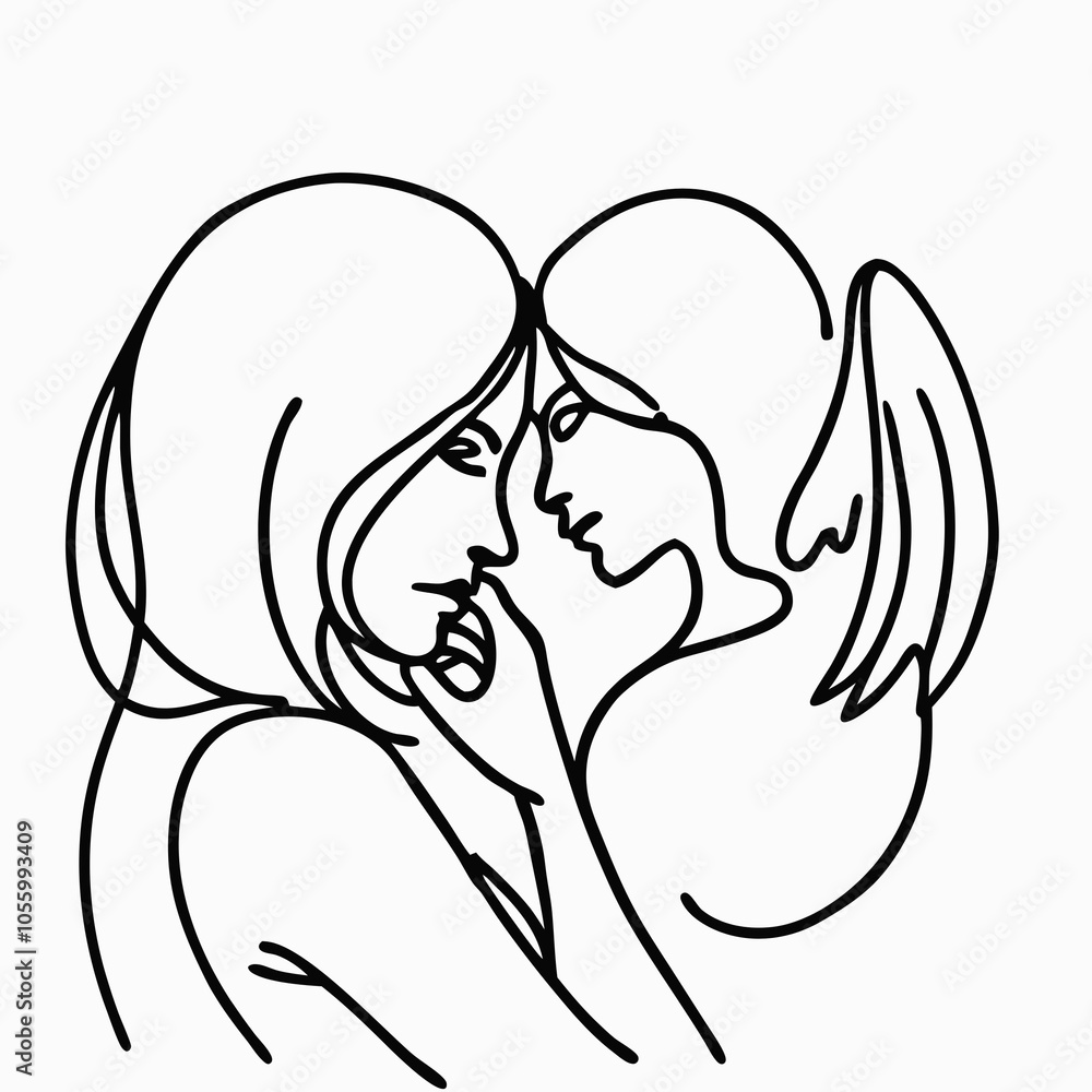 Woman and her angel in abstract line art style on white background Woman and her angel in abstract line art style on white background