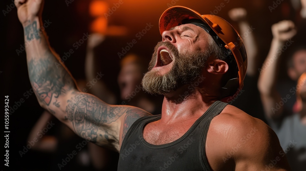 A tattooed, muscular worker in a hard hat energetically leads, demonstrating leadership and strength in a dynamic construction environment with onlookers. A tattooed, muscular worker in a hard hat energetically leads, demonstrating leadership and strength in a dynamic construction environment with onlookers.