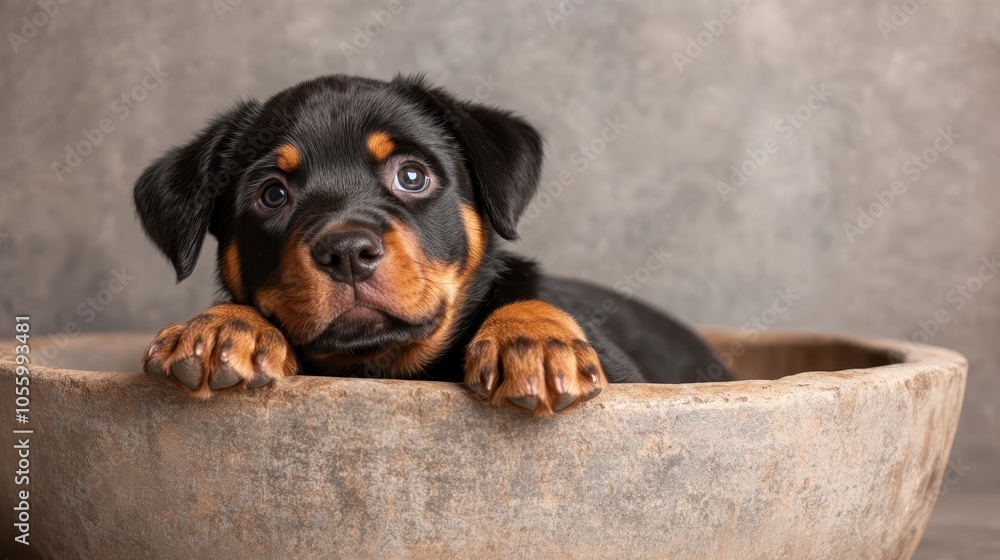 A charming Rottweiler puppy with a curious expression peeks over the edge of a large pot, showcasing its adorable features in a serene setting. A charming Rottweiler puppy with a curious expression peeks over the edge of a large pot, showcasing its adorable features in a serene setting.
