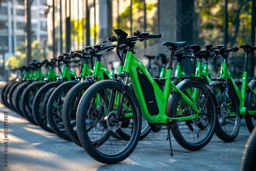 Green electric bicycles for rent in city center parking lot  eco friendly transportation options