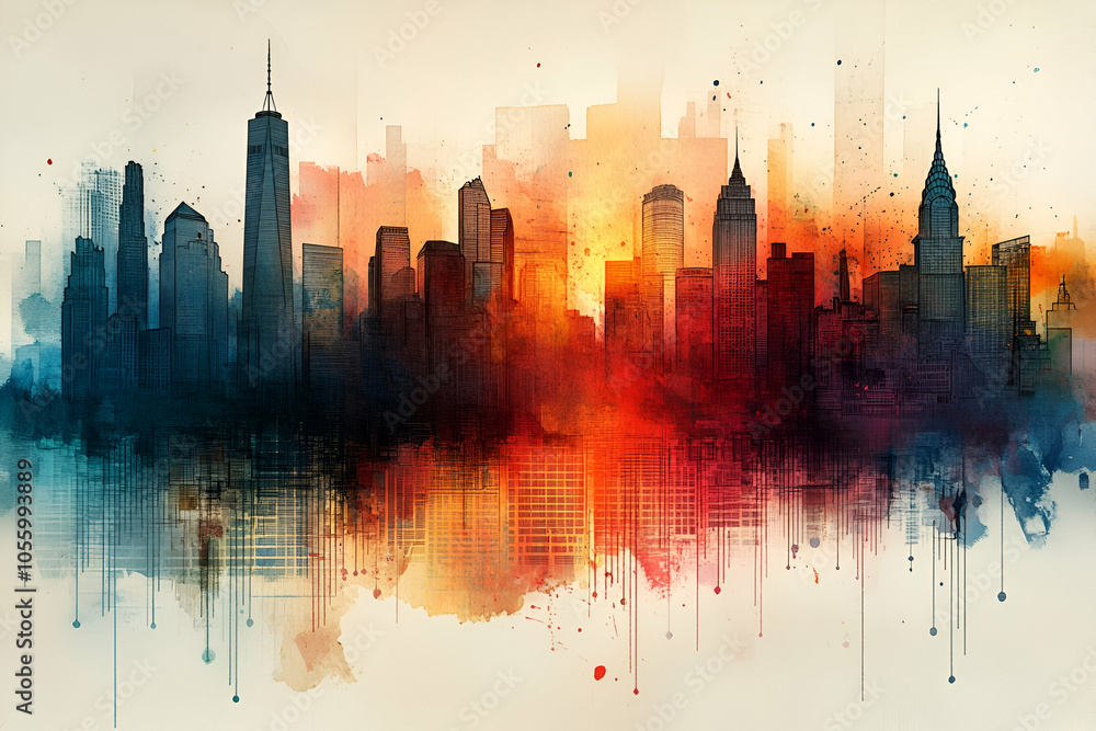 Fototapeta premium A vibrant watercolor city skyline at sunset, showcasing towering buildings with a blend of warm and cool colors.