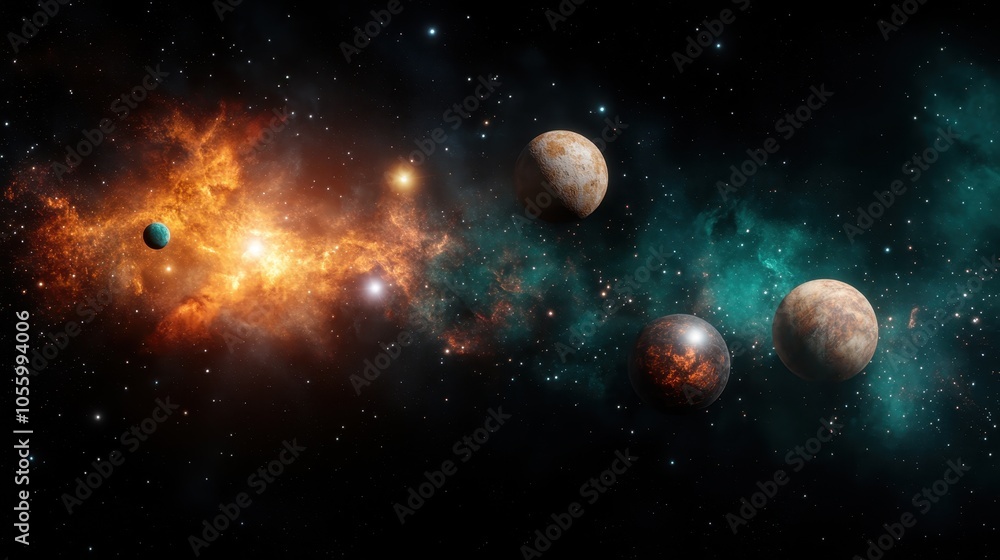 A stunning cosmic composition featuring multiple planets and bright nebulas, depicting a vivid and colorful space scene filled with mystery and wonder. A stunning cosmic composition featuring multiple planets and bright nebulas, depicting a vivid and colorful space scene filled with mystery and wonder.