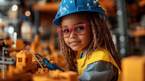 A young girl with long hair and wearing a blue hard hat and work vest is engaging with building tools in a construction environment with focus and curiosity.