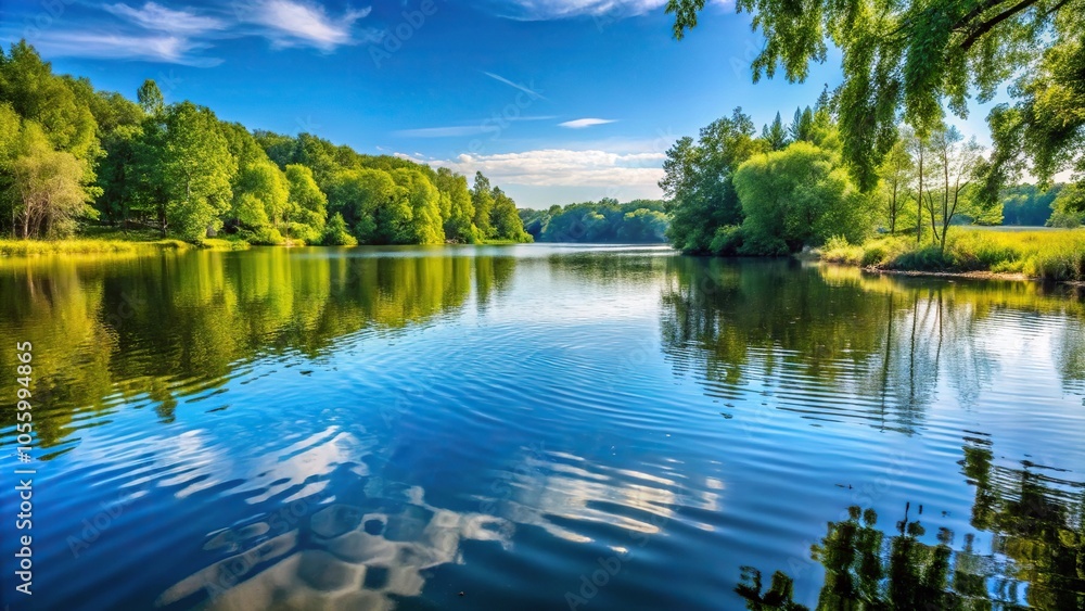 Serene lake on a sunny day with gentle ripples and surrounding trees, water, sunny day Serene lake on a sunny day with gentle ripples and surrounding trees, water, sunny day