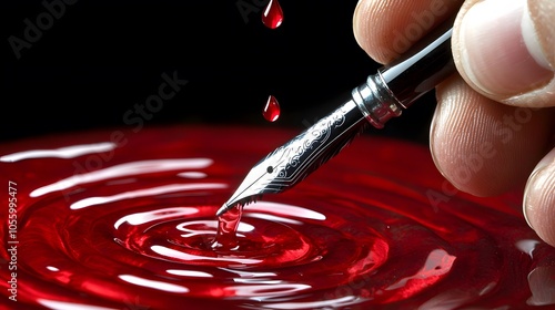 Blood in the Water: Close-up of a hand dipping a quill pen into a crimson inkwell. The droplets falling create ripples, signifying fierce rivalry. Perfect for articles on market analysis. Ample  photo