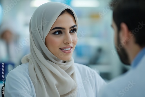 An inspiring scene of a young Arab businesswoman in hijab animatedly discussing with a European colleague, both engaged and enthusiastic about teamwork.