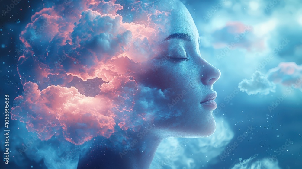 A serene woman contemplating as clouds swirl around her head in a dreamlike atmosphere A serene woman contemplating as clouds swirl around her head in a dreamlike atmosphere