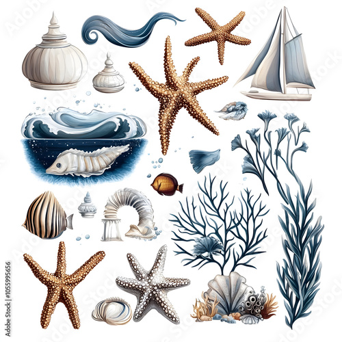 sea elements, sea set, illustration, ship, fishes on white