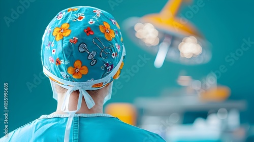 Close up shot of a vibrant and colorful floral patterned surgeon s scrub cap with blurry medical instruments and equipment visible in the background highlighting the surgical and healthcare setting photo