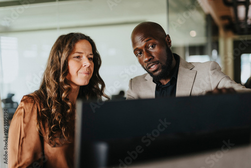 Bald businessman discussing over computer with female colleague while working in office