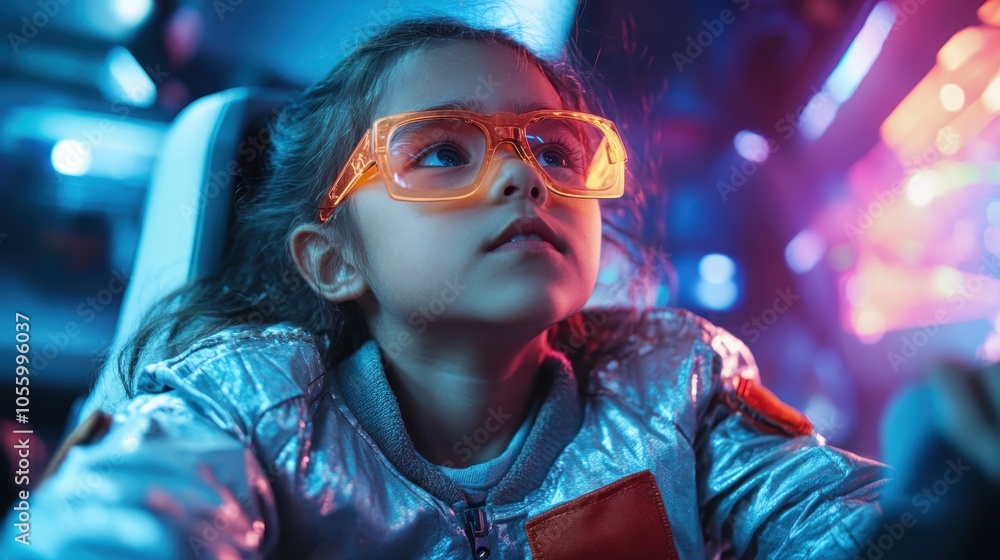 A child captivated by the glowing futuristic visuals of a virtual reality world, showcasing excitement, curiosity, and fascination in a high-tech environment. A child captivated by the glowing futuristic visuals of a virtual reality world, showcasing excitement, curiosity, and fascination in a high-tech environment.