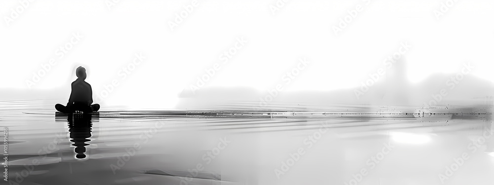 A serene silhouette of a person meditating by the water, enveloped in ethereal monochrome light. A serene silhouette of a person meditating by the water, enveloped in ethereal monochrome light.