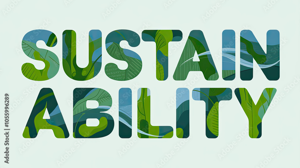 Fototapeta premium Creative text composition featuring the word 'SUSTAINABILITY' with green leaves and flowing patterns, evoking a sense of nature and eco-friendliness.