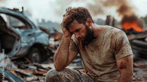 A weary soldier kneels in a war-torn urban setting, with a damaged vehicle and flames in the background, reflecting the chaos of a battlefield scenario.