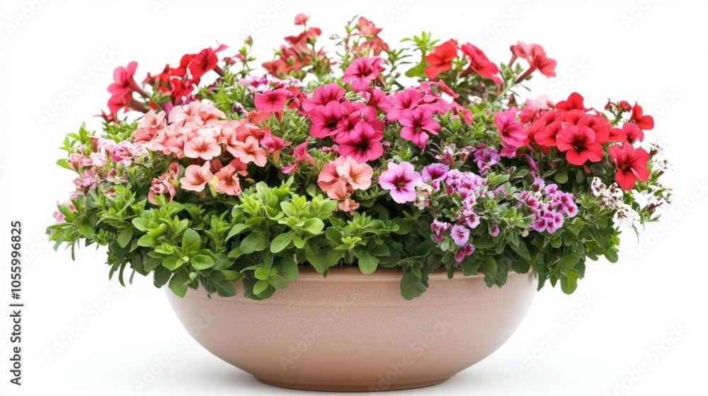 A terracotta pot filled with vibrant pink, red, and white petunias. A terracotta pot filled with vibrant pink, red, and white petunias.