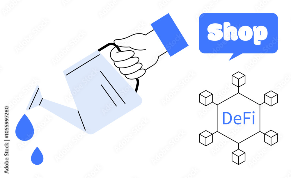 Hand pouring water on a paper bill with water droplets, next to a decentralized finance network and a digital shop in blue speech bubble. Ideal for themes like digital money, finance, investments