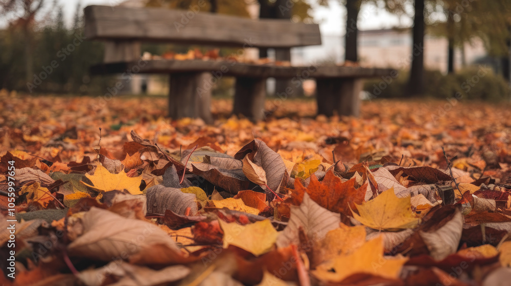 A serene scene of fallen autumn leaves in various shades of orange and yellow scattered across the ground, with a wooden park bench slightly blurred in the background. A serene scene of fallen autumn leaves in various shades of orange and yellow scattered across the ground, with a wooden park bench slightly blurred in the background.
