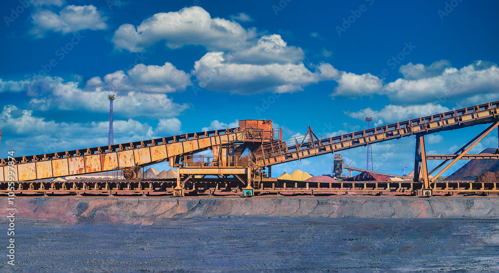 Obraz premium Loading iron ore conveyor machine on blue sky background in steel industry, UK