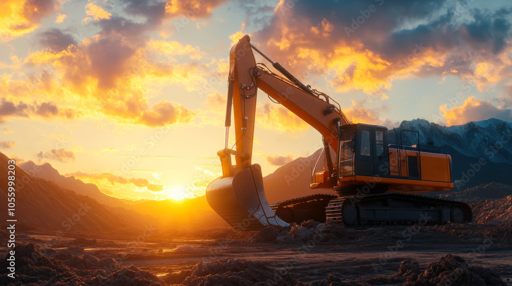 Excavator digging into landscape at sunset with dramatic clouds and mountains in the background Excavator digging into landscape at sunset with dramatic clouds and mountains in the background