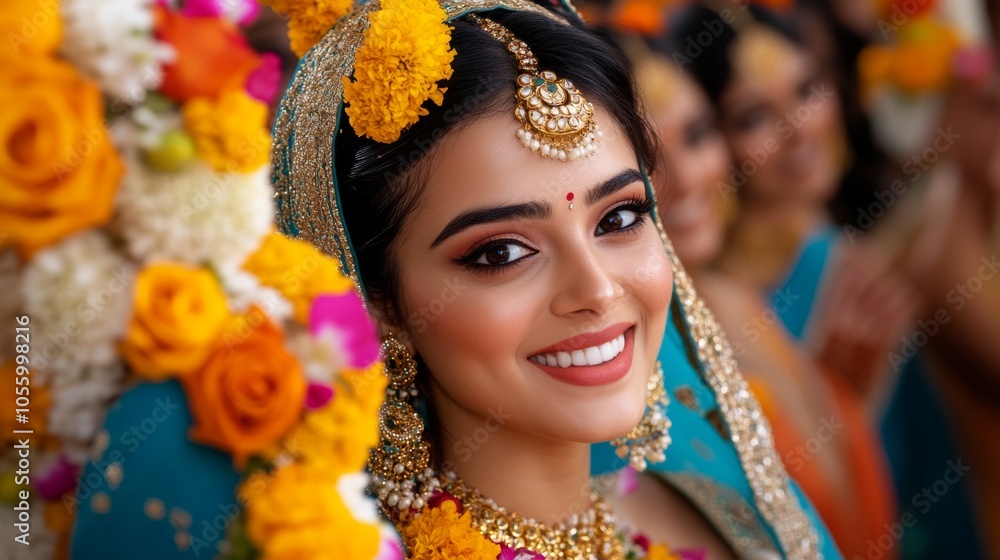 Indian Bride with Flowers and Jewelry Smiling at Wedding Ceremony Indian Bride with Flowers and Jewelry Smiling at Wedding Ceremony