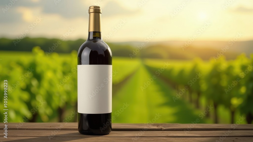 Fototapeta premium A bottle of wine sits on a wooden table, set against a backdrop of green vineyards and a beautiful sunset. The tranquil landscape enhances the wine's inviting presence