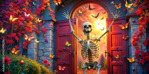 Whimsical Skeleton Raising Hands in Front of Red Door with Butterflies and Bats - Halloween Fun