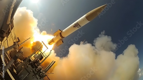 Dramatic image of a powerful hypersonic interceptor missile detaching from a military launch platform and streaking upward targeting a simulated threat in low Earth orbit