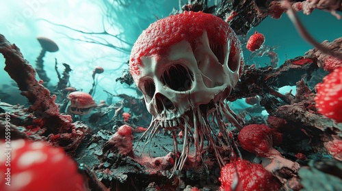 An eerie scene featuring a red coral-like skull surrounded by dark, twisted fungi-like branches under a dimly-lit, watery backdrop, evoking a sense of dread.