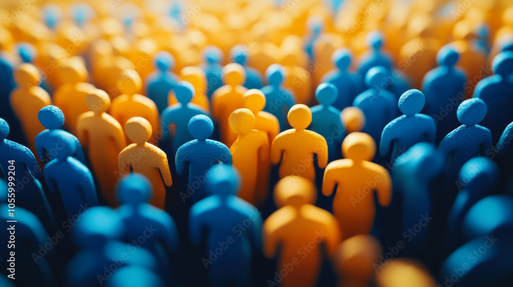 Obraz premium A large group of vibrant blue and orange figures against a bright sunset background, representing unity and diversity