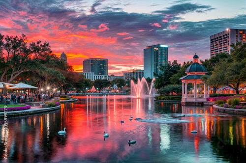 ORLANDO FL, US - May 24, 2022: Sunset and clouds over the Orlando skyline and fountain at Lake Eola Park, Orlando FL
