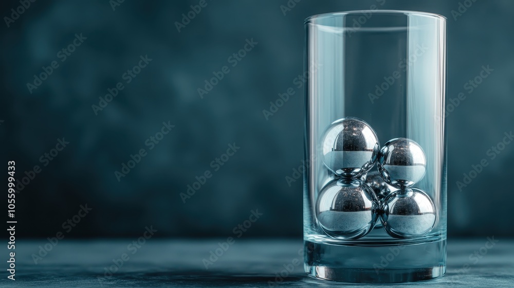 A clear glass containing neatly clustered silver spheres captures the minimalist aesthetic, set against a neutral backdrop, embodying elegance and simplicity in design. A clear glass containing neatly clustered silver spheres captures the minimalist aesthetic, set against a neutral backdrop, embodying elegance and simplicity in design.