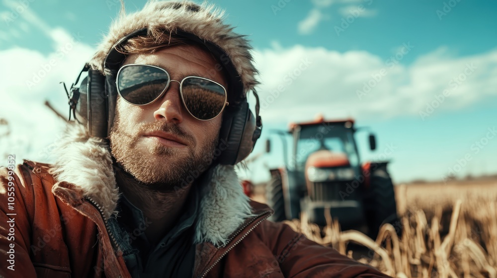 A stylish man, wearing sunglasses and headphones, poses confidently near a red tractor in a field, capturing themes of modernity and rural lifestyle. A stylish man, wearing sunglasses and headphones, poses confidently near a red tractor in a field, capturing themes of modernity and rural lifestyle.