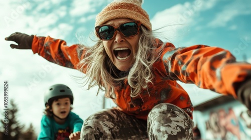 A grandmother shows her daring side by skateboarding with a child, capturing fun and wholesomeness, and breaking stereotypes in a heartwarming scene. photo