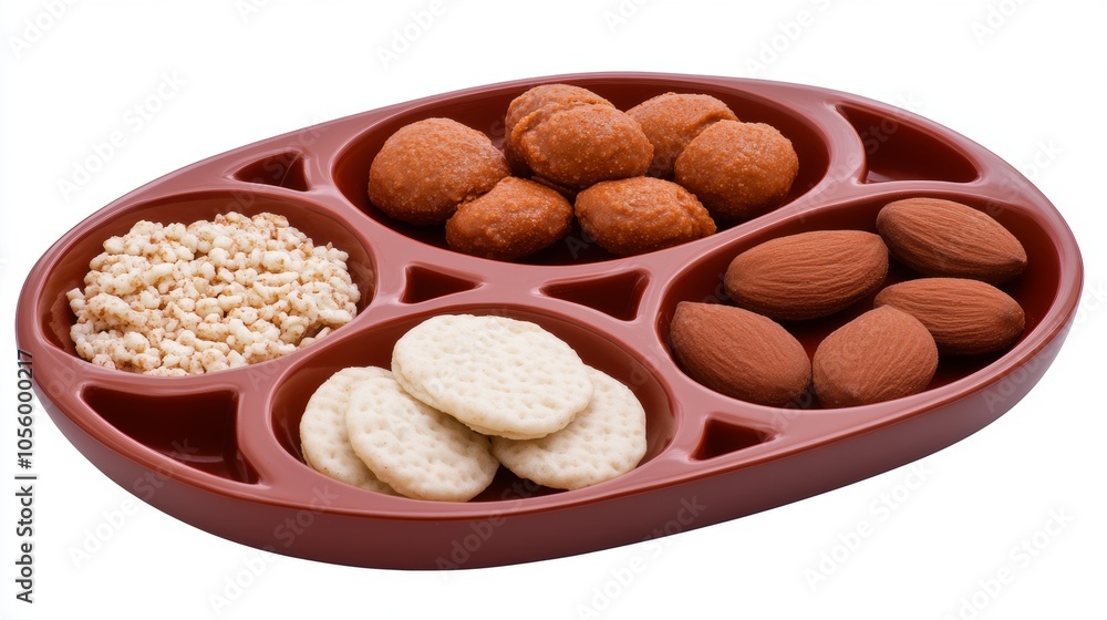 Brown Ceramic Snack Plate with Variety of Snacks Almonds Cookies Rice Cakes and Balls Brown Ceramic Snack Plate with Variety of Snacks Almonds Cookies Rice Cakes and Balls