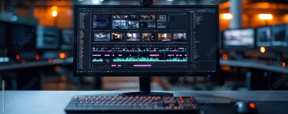 Video editors crafting social media clips, detailed workspace with advanced editing tools, dynamic lighting, media creation, editing process Video editors crafting social media clips, detailed workspace with advanced editing tools, dynamic lighting, media creation, editing process