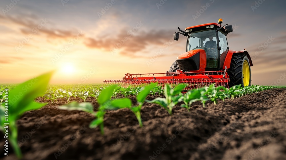 Red Tractor Working in Field at Sunset