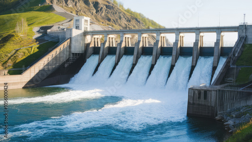 A panoramic view of a hydroelectric dam with powerful water flow, surrounded by green hills under a clear blue sky. The energy of nature is showcased in this vibrant scene.