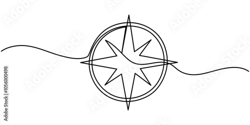 One continuous single line of compass for navigation isolated on white background, Traveller compass of different design. Single one line drawing equipment for exploration and navigation. Continuous.