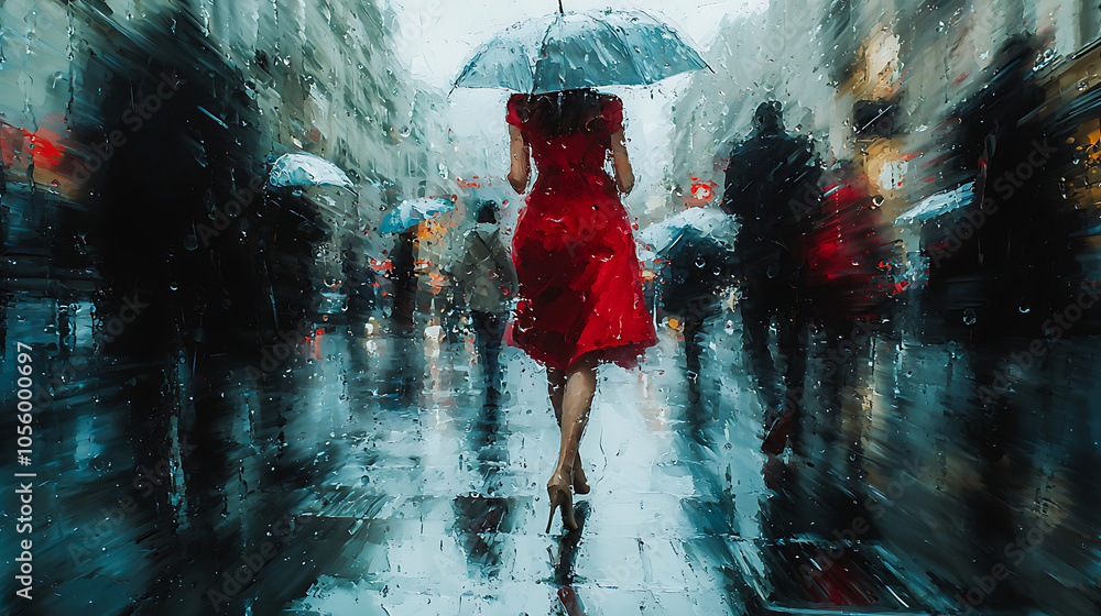 Illustration of A striking scene of a woman in a flowing red dress and high heels walking through a rainy city street