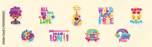 Hippie Sticker and Retro Patches Colorful Vector Set