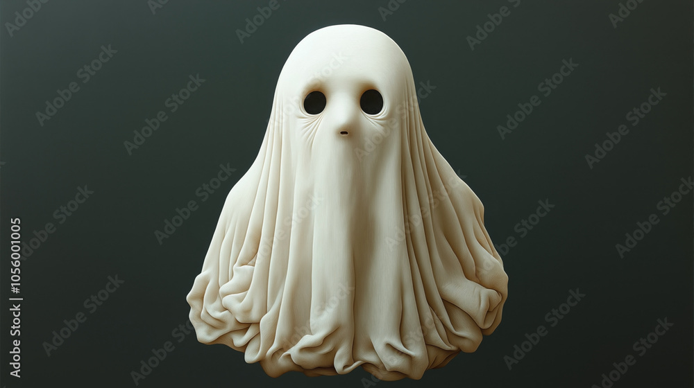 Realistic depiction of a ghostly figure with a sheet draped over an unseen form, featuring large, round eye holes and a small mouth, set against a dark background. Realistic depiction of a ghostly figure with a sheet draped over an unseen form, featuring large, round eye holes and a small mouth, set against a dark background.