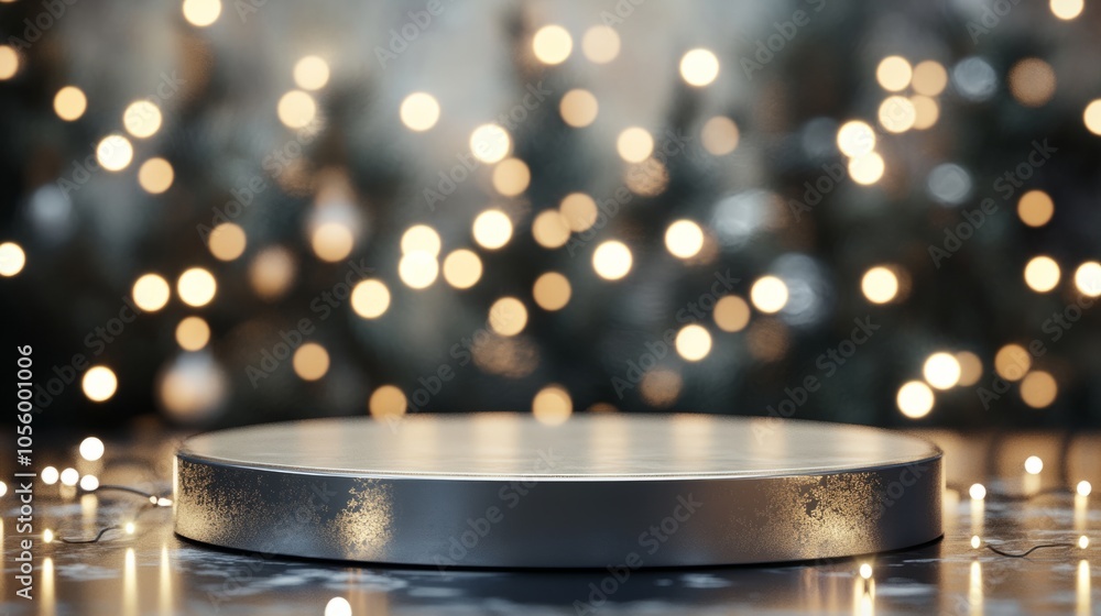 empty shiny podium against christmas background with lights empty shiny podium against christmas background with lights