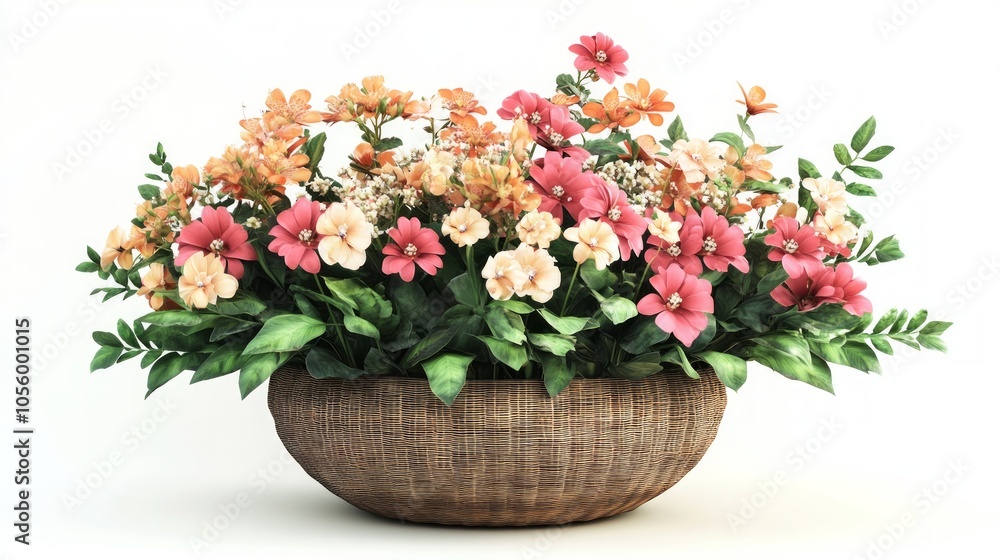 A wicker basket overflowing with a vibrant mix of pink, peach, and yellow flowers, showcasing a beautiful arrangement against a white background. A wicker basket overflowing with a vibrant mix of pink, peach, and yellow flowers, showcasing a beautiful arrangement against a white background.
