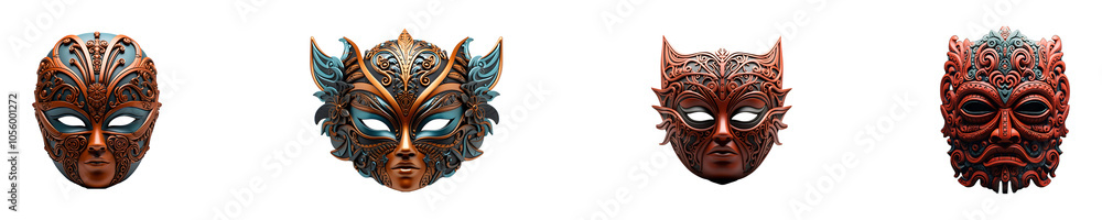 Set, collection of Terracotta Mask isolated on transparent background. Set, collection of Terracotta Mask isolated on transparent background.