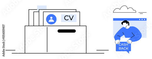 Digital folder containing resumes in a storage box, alongside a person receiving a cashback reward in cloud-themed background. Ideal for digital storage, job applications, finance, technology