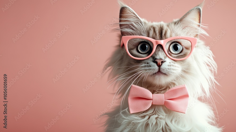 A delightful image capturing a furry cat wearing stylish pink glasses and a matching bow tie, posed against a soft pink background, radiating charm and cuteness. A delightful image capturing a furry cat wearing stylish pink glasses and a matching bow tie, posed against a soft pink background, radiating charm and cuteness.