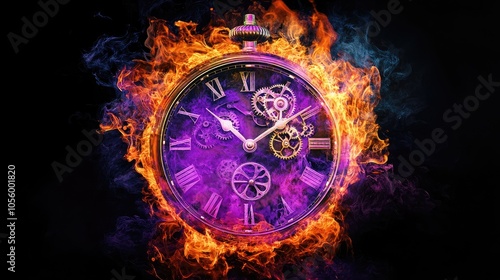 A classic clock encased in colorful flames, with gears shining through, blending fiery tones of purple and orange