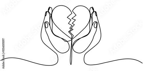Hands holding broken heart continuous one line drawing. Love concept. Vector illustration isolated on white background, One continuous line.Broken heart. Unhappy love.Craft paper cut art illustration.