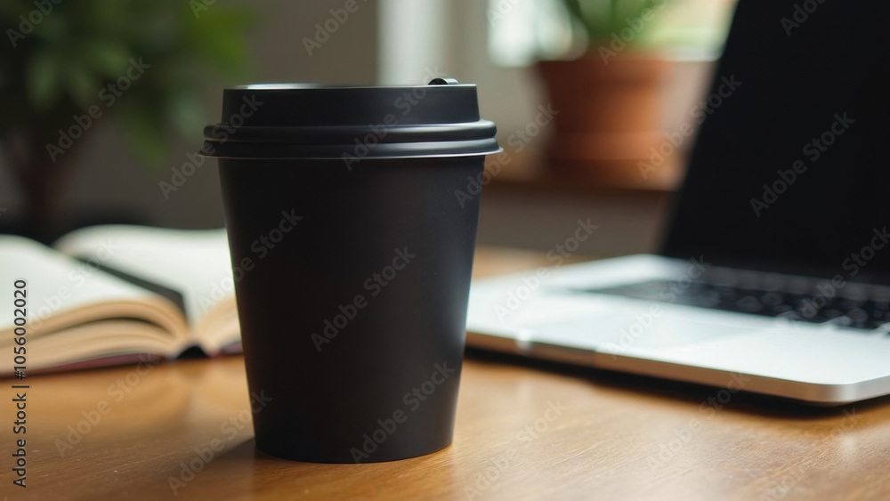 A black disposable coffee cup rests on a wooden desk, accompanied by an open book and a laptop, creating a warm atmosphere ideal for productivity A black disposable coffee cup rests on a wooden desk, accompanied by an open book and a laptop, creating a warm atmosphere ideal for productivity